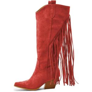 imageFSJ Women Mid Calf Fringe Boots Cowboy Pointed Toe Cowgirl Tassel Classic Western Thigh High Boot Wedge Chunky Stacked Heel Slip On Booties Size 415 USRed