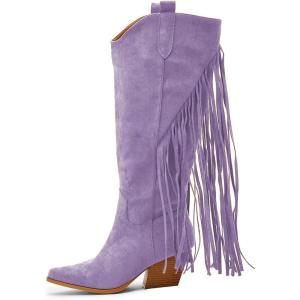 imageFSJ Women Mid Calf Fringe Boots Cowboy Pointed Toe Cowgirl Tassel Classic Western Thigh High Boot Wedge Chunky Stacked Heel Slip On Booties Size 415 USOrchid