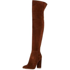 imageFSJ Women Over The Knee Chunky High Heels Stretch Thigh High Zipper Long Boot Winter Warm Shoes 415 USBrown