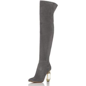imageFSJ Women Over The Knee Chunky High Heels Stretch Thigh High Zipper Long Boot Winter Warm Shoes 415 USGrey Crystal
