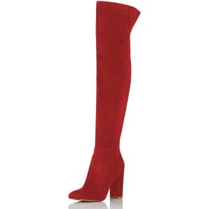 imageFSJ Women Over The Knee Chunky High Heels Stretch Thigh High Zipper Long Boot Winter Warm Shoes 415 USRed