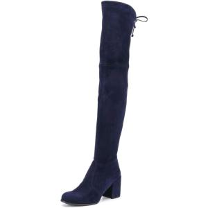 imageFSJ Women Overknee Thigh High Almond Toe Boots Chunky Mid Heel Laceup Pumps Winter Date ShoesDark Blue