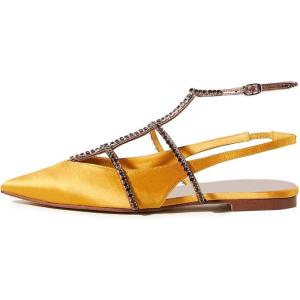 imageFSJ Womens Pointed Toe Slingback Flats Gladiator Crystal Strap Sandals Low Heels Dress Pump Satin Party Shoes Size 415 USYellow