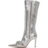 imageFSJ Women Sexy Pointy Toe Stiletto Knee High Boots High Heels Fashion Comfy Studded Crystal Pearls Flower Side Zipper Glossy Leather Sparkle Glitter Tall Boots Size 415 USSilver
