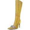 imageFSJ Women Sexy Pointy Toe Stiletto Knee High Boots High Heels Fashion Comfy Studded Crystal Pearls Flower Side Zipper Glossy Leather Sparkle Glitter Tall Boots Size 415 USGold Crack