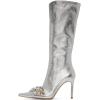 imageFSJ Women Sexy Pointy Toe Stiletto Knee High Boots High Heels Fashion Comfy Studded Crystal Pearls Flower Side Zipper Glossy Leather Sparkle Glitter Tall Boots Size 415 USSilver