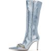 imageFSJ Women Sexy Pointy Toe Stiletto Knee High Boots High Heels Fashion Comfy Studded Crystal Pearls Flower Side Zipper Glossy Leather Sparkle Glitter Tall Boots Size 415 USBaby Blue
