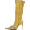 imageFSJ Women Sexy Pointy Toe Stiletto Knee High Boots High Heels Fashion Comfy Studded Crystal Pearls Flower Side Zipper Glossy Leather Sparkle Glitter Tall Boots Size 415 USGold Crack