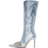 imageFSJ Women Sexy Pointy Toe Stiletto Knee High Boots High Heels Fashion Comfy Studded Crystal Pearls Flower Side Zipper Glossy Leather Sparkle Glitter Tall Boots Size 415 USBaby Blue