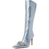 imageFSJ Women Sexy Pointy Toe Stiletto Knee High Boots High Heels Fashion Comfy Studded Crystal Pearls Flower Side Zipper Glossy Leather Sparkle Glitter Tall Boots Size 415 USBaby Blue