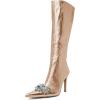 imageFSJ Women Sexy Pointy Toe Stiletto Knee High Boots High Heels Fashion Comfy Studded Crystal Pearls Flower Side Zipper Glossy Leather Sparkle Glitter Tall Boots Size 415 USSalmon Pink