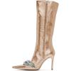 imageFSJ Women Sexy Pointy Toe Stiletto Knee High Boots High Heels Fashion Comfy Studded Crystal Pearls Flower Side Zipper Glossy Leather Sparkle Glitter Tall Boots Size 415 USSalmon Pink