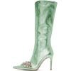 imageFSJ Women Sexy Pointy Toe Stiletto Knee High Boots High Heels Fashion Comfy Studded Crystal Pearls Flower Side Zipper Glossy Leather Sparkle Glitter Tall Boots Size 415 USAqua