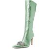 imageFSJ Women Sexy Pointy Toe Stiletto Knee High Boots High Heels Fashion Comfy Studded Crystal Pearls Flower Side Zipper Glossy Leather Sparkle Glitter Tall Boots Size 415 USAqua