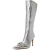 imageFSJ Women Sexy Pointy Toe Stiletto Knee High Boots High Heels Fashion Comfy Studded Crystal Pearls Flower Side Zipper Glossy Leather Sparkle Glitter Tall Boots Size 415 USSilver