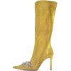 imageFSJ Women Sexy Pointy Toe Stiletto Knee High Boots High Heels Fashion Comfy Studded Crystal Pearls Flower Side Zipper Glossy Leather Sparkle Glitter Tall Boots Size 415 USGold Crack