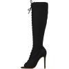 imageFSJ Women Square Peep Toe Lace Up Knee High Boots Thigh High Stiletto Heel Side Zipper Fashion Party Prom Dress Long Boots Size 415 USBlack