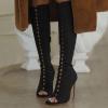 imageFSJ Women Square Peep Toe Lace Up Knee High Boots Thigh High Stiletto Heel Side Zipper Fashion Party Prom Dress Long Boots Size 415 USBlack