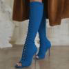 imageFSJ Women Square Peep Toe Lace Up Knee High Boots Thigh High Stiletto Heel Side Zipper Fashion Party Prom Dress Long Boots Size 415 USBlue