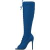 imageFSJ Women Square Peep Toe Lace Up Knee High Boots Thigh High Stiletto Heel Side Zipper Fashion Party Prom Dress Long Boots Size 415 USBlue