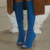 imageFSJ Women Square Peep Toe Lace Up Knee High Boots Thigh High Stiletto Heel Side Zipper Fashion Party Prom Dress Long Boots Size 415 USBlue