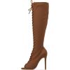 imageFSJ Women Square Peep Toe Lace Up Knee High Boots Thigh High Stiletto Heel Side Zipper Fashion Party Prom Dress Long Boots Size 415 USBrown