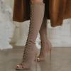 imageFSJ Women Square Peep Toe Lace Up Knee High Boots Thigh High Stiletto Heel Side Zipper Fashion Party Prom Dress Long Boots Size 415 USKhaki