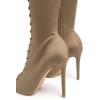 imageFSJ Women Square Peep Toe Lace Up Knee High Boots Thigh High Stiletto Heel Side Zipper Fashion Party Prom Dress Long Boots Size 415 USKhaki