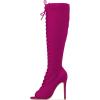 imageFSJ Women Square Peep Toe Lace Up Knee High Boots Thigh High Stiletto Heel Side Zipper Fashion Party Prom Dress Long Boots Size 415 USMegenta