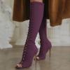 imageFSJ Women Square Peep Toe Lace Up Knee High Boots Thigh High Stiletto Heel Side Zipper Fashion Party Prom Dress Long Boots Size 415 USPurple