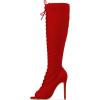 imageFSJ Women Square Peep Toe Lace Up Knee High Boots Thigh High Stiletto Heel Side Zipper Fashion Party Prom Dress Long Boots Size 415 USRed