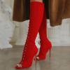 imageFSJ Women Square Peep Toe Lace Up Knee High Boots Thigh High Stiletto Heel Side Zipper Fashion Party Prom Dress Long Boots Size 415 USRed