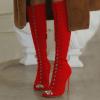 imageFSJ Women Square Peep Toe Lace Up Knee High Boots Thigh High Stiletto Heel Side Zipper Fashion Party Prom Dress Long Boots Size 415 USRed