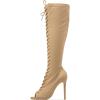 imageFSJ Women Square Peep Toe Lace Up Knee High Boots Thigh High Stiletto Heel Side Zipper Fashion Party Prom Dress Long Boots Size 415 USWheat