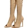 imageFSJ Women Square Peep Toe Lace Up Knee High Boots Thigh High Stiletto Heel Side Zipper Fashion Party Prom Dress Long Boots Size 415 USWheat
