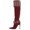 imageFSJ Women Stiletto High Heel Thigh High Boots Studded Rivet Pointed Toe Pull On Over the Knee Boots Versatile Party Dress Shoes Size 416 USRed