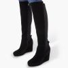 imageFSJ Women Wedge High Heel Round Toe Knee High Boots Comfortable Stitching Thick Heel Side Zipper Ladies Prom Club Shoes Size 415 USBlack