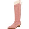 imageFSJ Women Knee High Boots Fur Collar Stacked Chunky Heel Closed Toe Faux Suede Wide Calf Slouchy Fashion Cowgirl Dress Long Boot Size 416 USPink