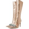 imageFSJ Women Sexy Pointy Toe Stiletto Knee High Boots High Heels Fashion Comfy Studded Crystal Pearls Flower Side Zipper Glossy Leather Sparkle Glitter Tall Boots Size 415 USSalmon Pink