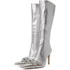 imageFSJ Women Sexy Pointy Toe Stiletto Knee High Boots High Heels Fashion Comfy Studded Crystal Pearls Flower Side Zipper Glossy Leather Sparkle Glitter Tall Boots Size 415 USSilver