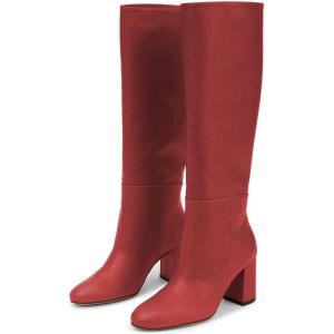 imageFSJ Women Chic Knee High Boots Stretch Pull On Round Closed Toe Long Booties Chunky Block Heels Leather Ladies Dress Party Fall Winter Shoes Size 415 USRed