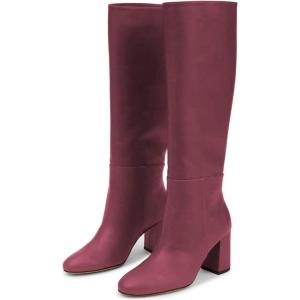 imageFSJ Women Chic Knee High Boots Stretch Pull On Round Closed Toe Long Booties Chunky Block Heels Leather Ladies Dress Party Fall Winter Shoes Size 415 USWine Red
