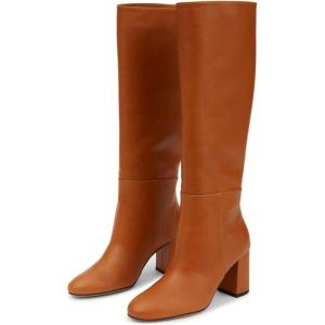 imageFSJ Women Chic Knee High Boots Stretch Pull On Round Closed Toe Long Booties Chunky Block Heels Leather Ladies Dress Party Fall Winter Shoes Size 415 USBrown