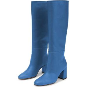 imageFSJ Women Chic Knee High Boots Stretch Pull On Round Closed Toe Long Booties Chunky Block Heels Leather Ladies Dress Party Fall Winter Shoes Size 415 USBlue