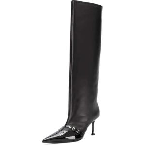 imageFSJ Women Fashion Knee Boots Patent Leather Closed Pointed Cap Toe Stiletto Mid Low Heels Comfort Pull On Wide Calf Fall Winter Shoes Size 415 USBlack