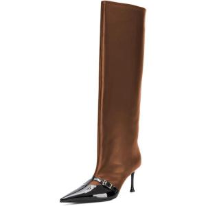 imageFSJ Women Fashion Knee Boots Patent Leather Closed Pointed Cap Toe Stiletto Mid Low Heels Comfort Pull On Wide Calf Fall Winter Shoes Size 415 USCoffee