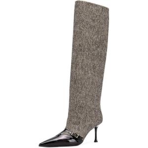 imageFSJ Women Fashion Knee Boots Patent Leather Closed Pointed Cap Toe Stiletto Mid Low Heels Comfort Pull On Wide Calf Fall Winter Shoes Size 415 USGrey