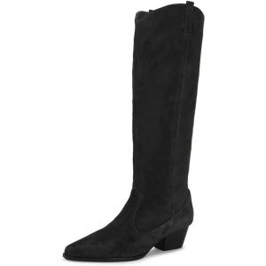 imageFSJ Women Knee High Boots Fur Collar Stacked Chunky Heel Closed Toe Faux Suede Wide Calf Slouchy Fashion Cowgirl Dress Long Boot Size 416 USBlack