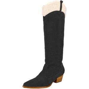 imageFSJ Women Knee High Boots Fur Collar Stacked Chunky Heel Closed Toe Faux Suede Wide Calf Slouchy Fashion Cowgirl Dress Long Boot Size 416 USBlack Collar