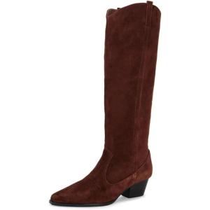 imageFSJ Women Knee High Boots Fur Collar Stacked Chunky Heel Closed Toe Faux Suede Wide Calf Slouchy Fashion Cowgirl Dress Long Boot Size 416 USBrown